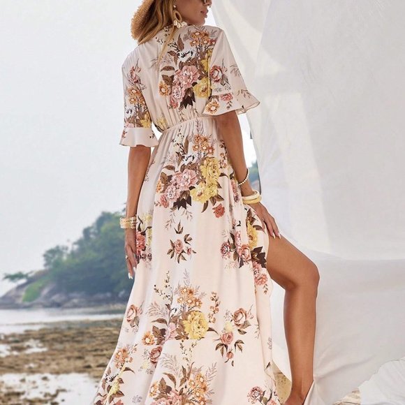 Apricot Boho Womens Floral Print Flounce Sleeve Ruffle Trim Wrap Knot Side Dress - Picture 3 of 5